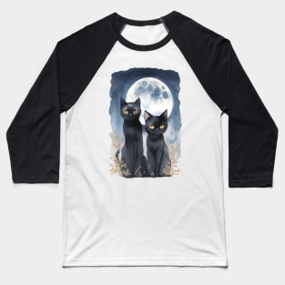 Mysterious black cats under full moon in dark atmosphere, watercolor style Baseball T-Shirt